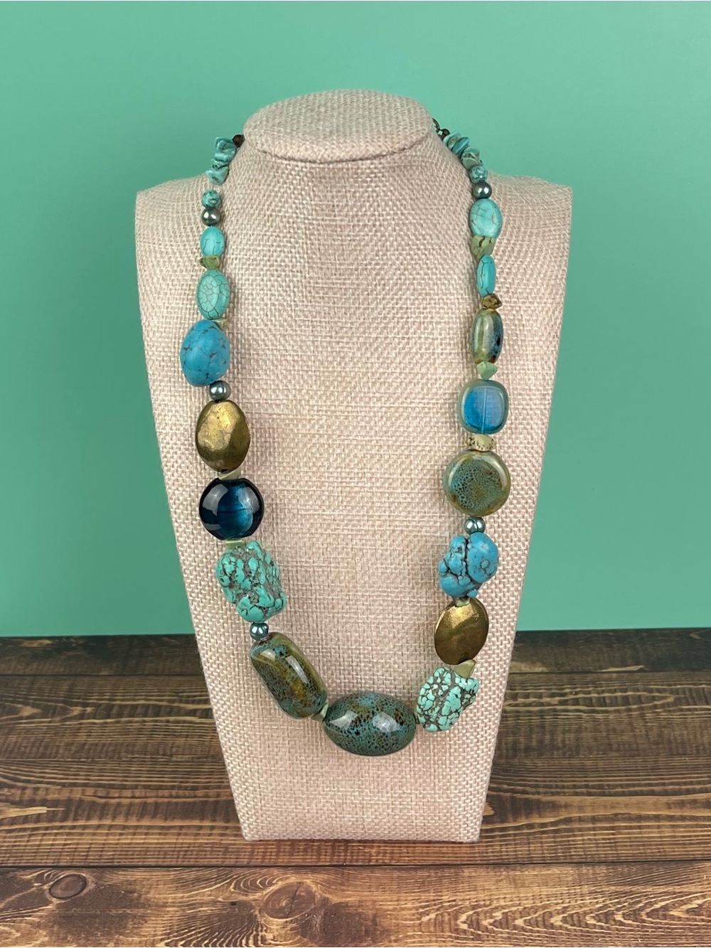 Chico’s Mixed-Media Faux Turquoise & Earthy Ceramic Chunky Statement Necklace